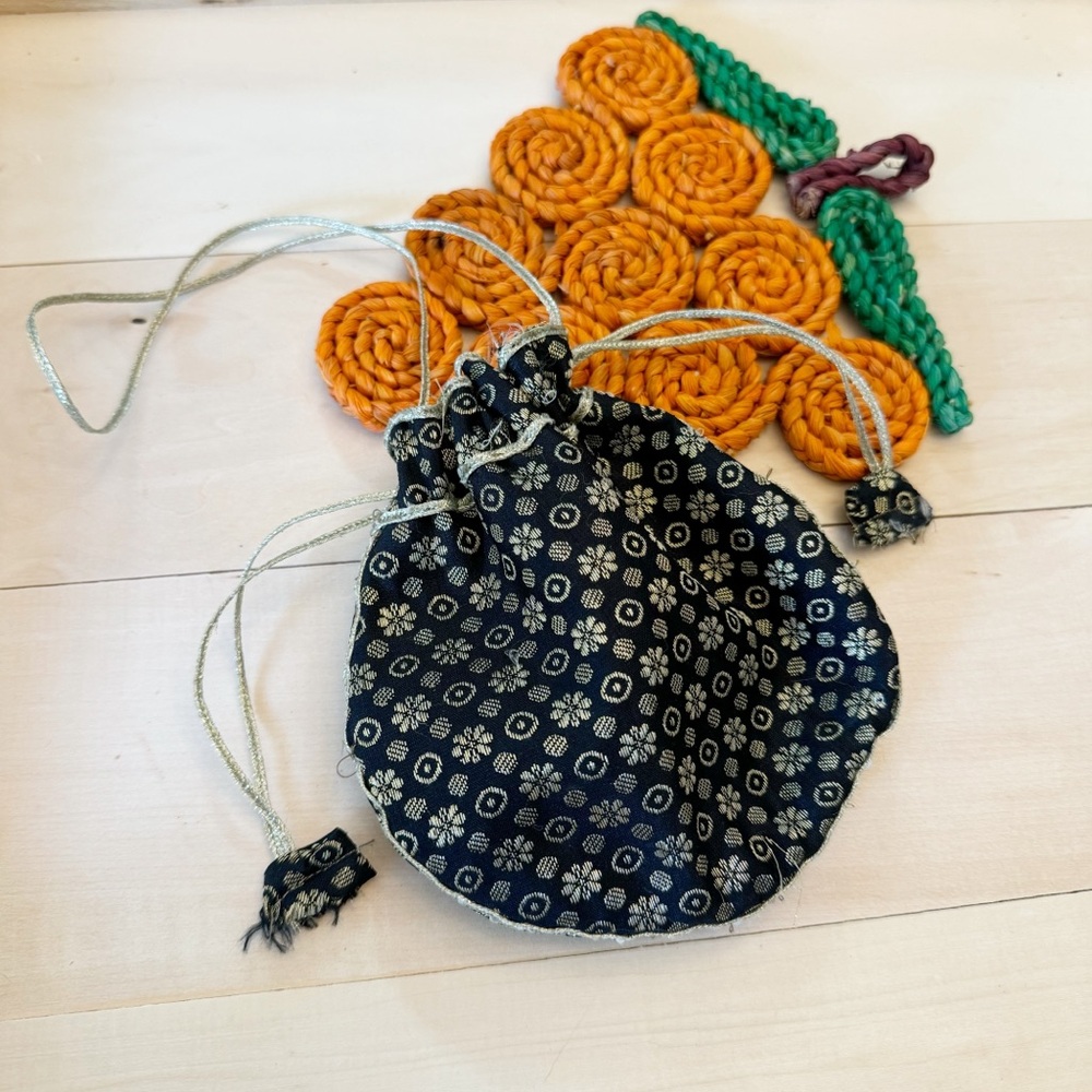 Vintage Black/Gold Jewelry Handmade Drawstring Pouch Bag